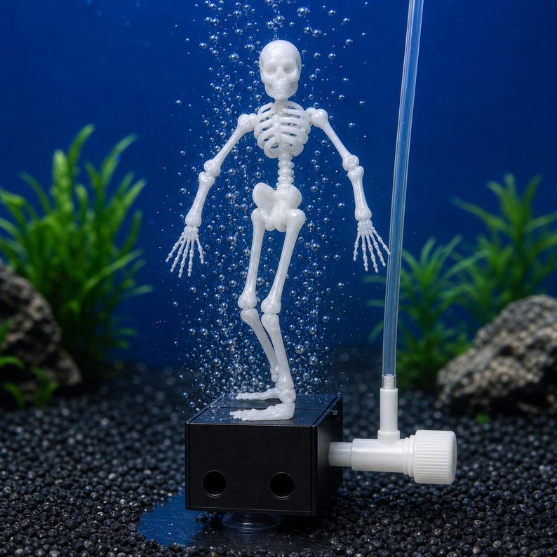 Dancing Skeleton Aquarium Ornament, Air-Powered Moving Fish Tank Decor with Suction Base