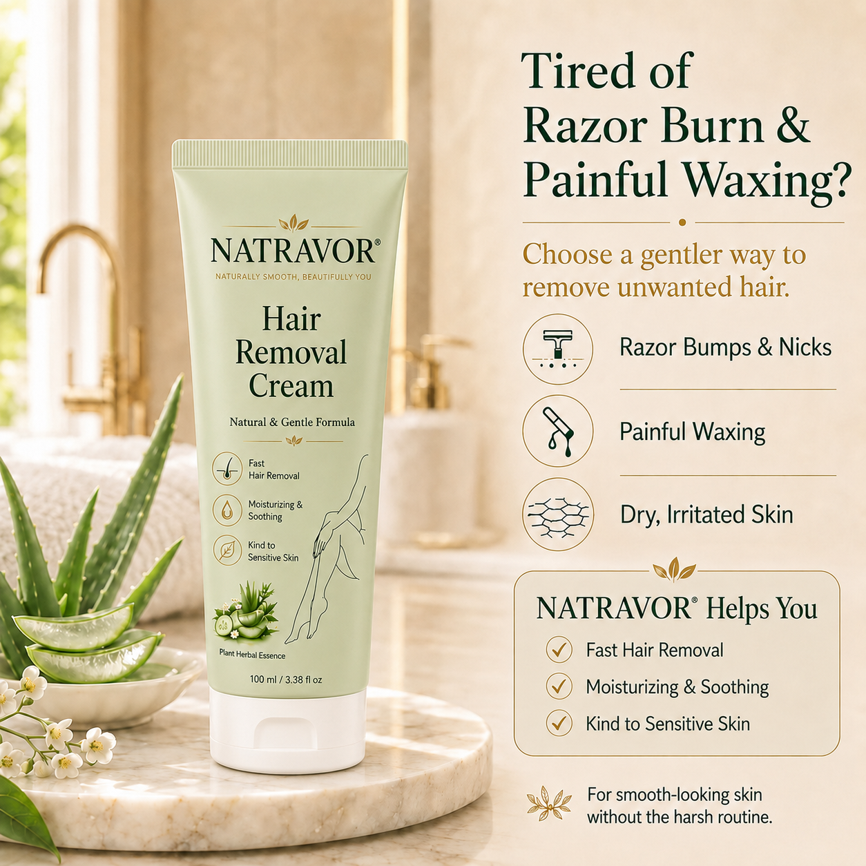 NATRAVOR® Natural Gentle Hair Removal Cream | For Women & Men, Sensitive Skin