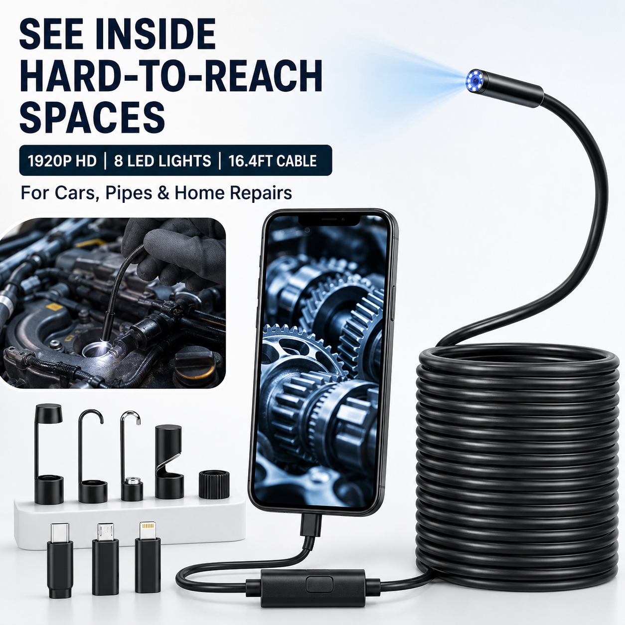 Professional Automotive Inspection Borescope – 1920P HD, 8 LEDs, 16.4FT Semi-Rigid Cable