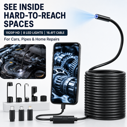 Professional Automotive Inspection Borescope – 1920P HD, 8 LEDs, 16.4FT Semi-Rigid Cable