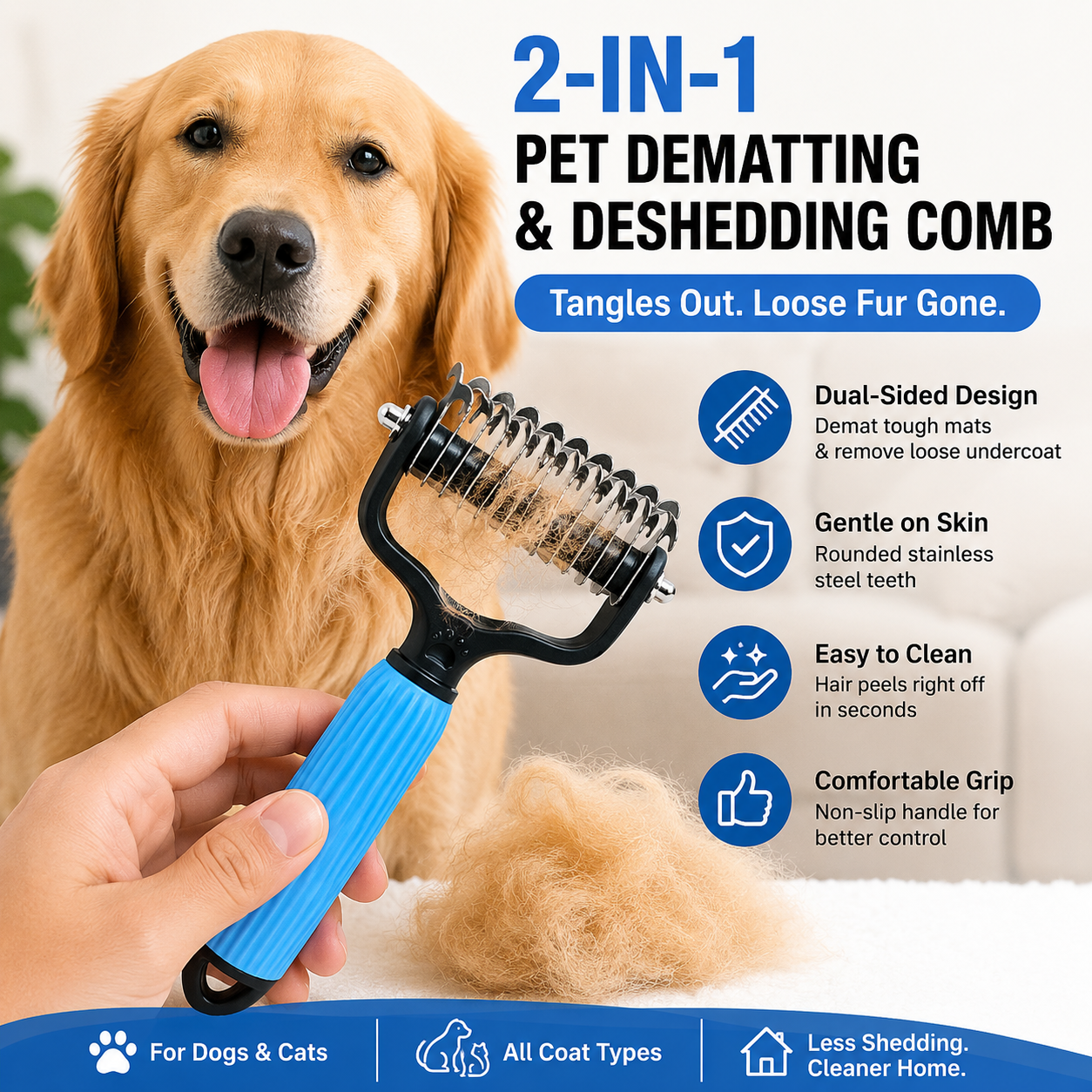 🐾 Double-Sided Stainless Steel Pet Dematting Comb, Shedding & Matted Hair Remover for Dogs & Cats
