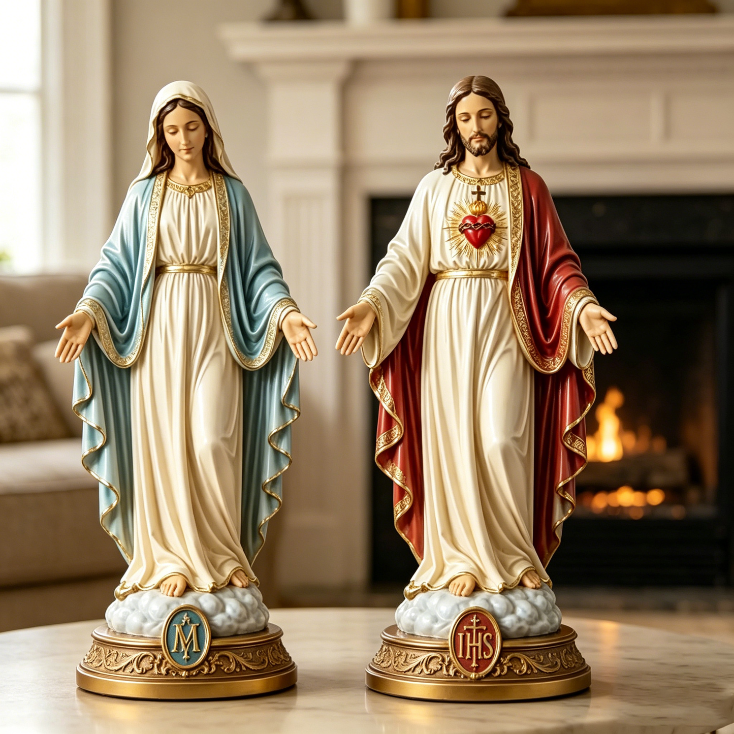 ✝️ Sacred Heart & Blessed Mother Religious Statue Set – Elegant Christian Home Décor