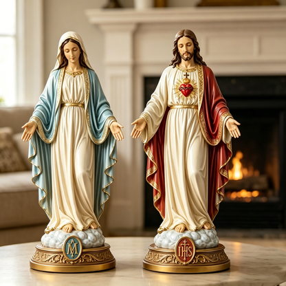 ✝️ Sacred Heart & Blessed Mother Religious Statue Set – Elegant Christian Home Décor