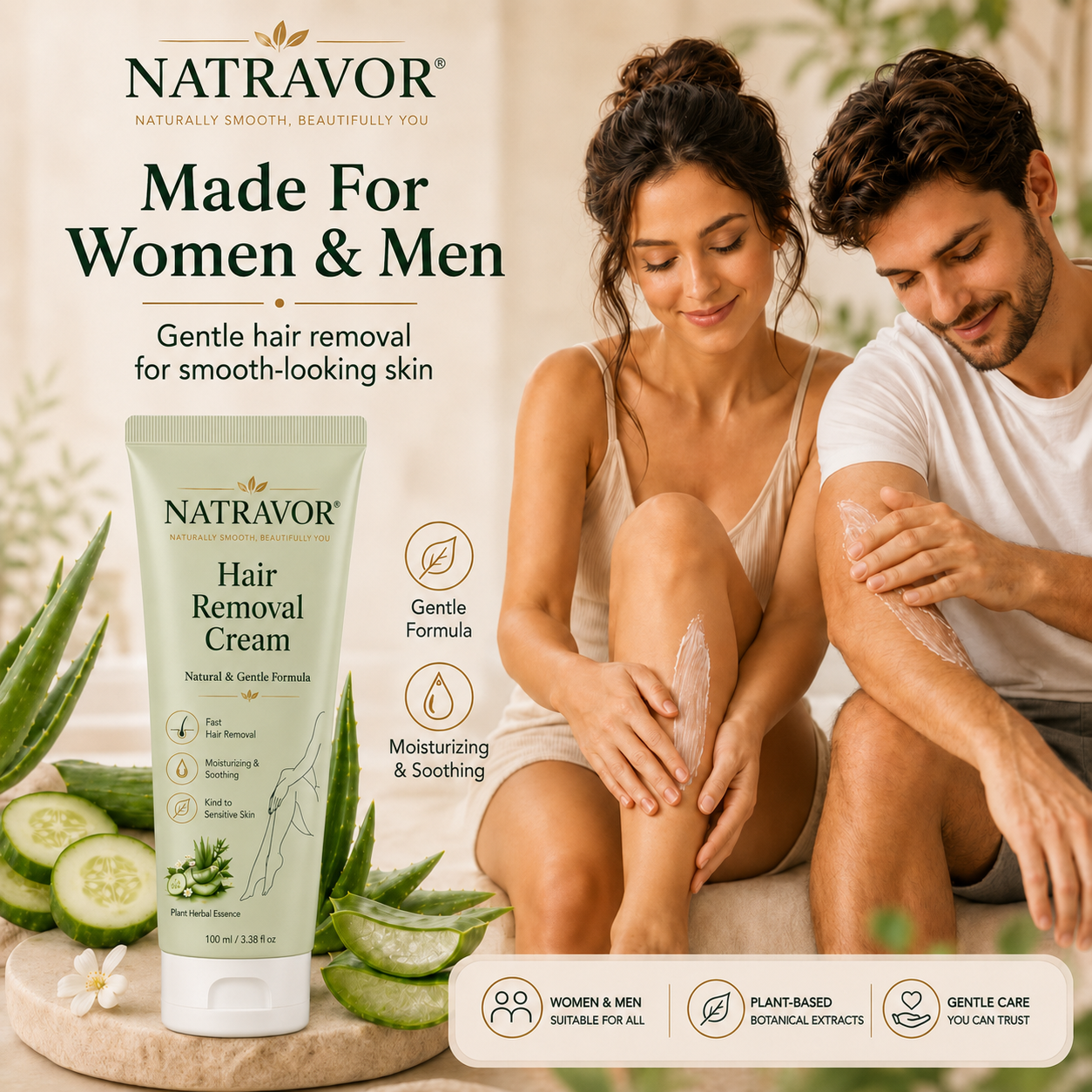 NATRAVOR® Natural Gentle Hair Removal Cream | For Women & Men, Sensitive Skin