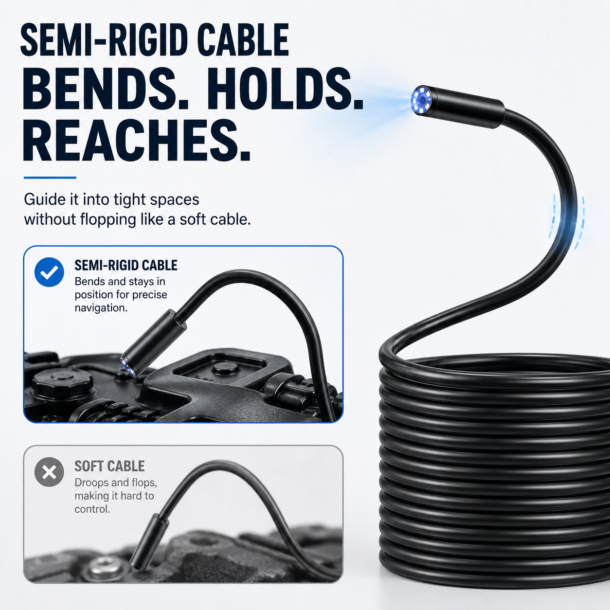 Professional Automotive Inspection Borescope – 1920P HD, 8 LEDs, 16.4FT Semi-Rigid Cable