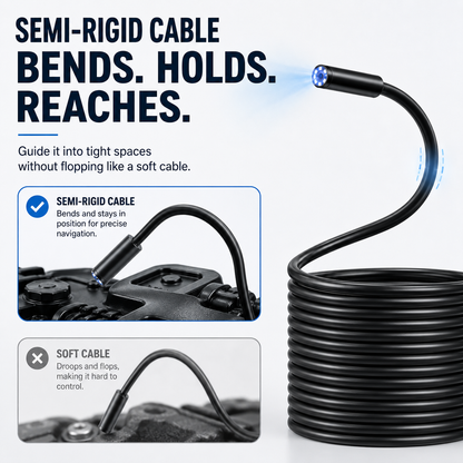 Professional Automotive Inspection Borescope – 1920P HD, 8 LEDs, 16.4FT Semi-Rigid Cable