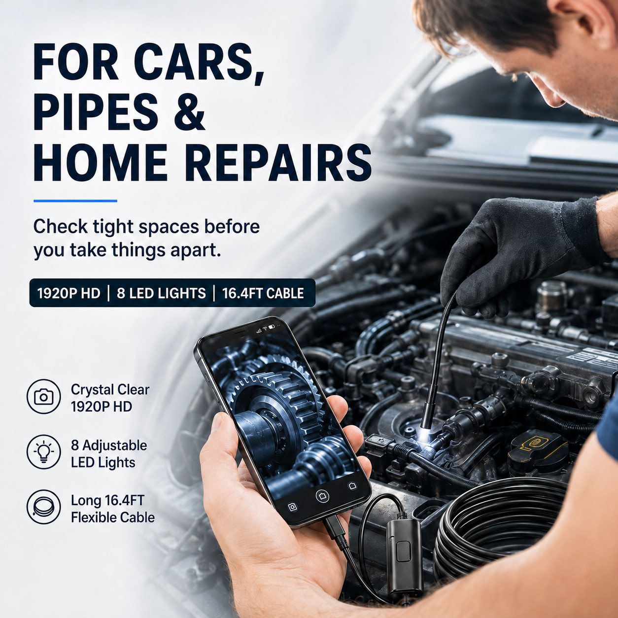 Professional Automotive Inspection Borescope – 1920P HD, 8 LEDs, 16.4FT Semi-Rigid Cable