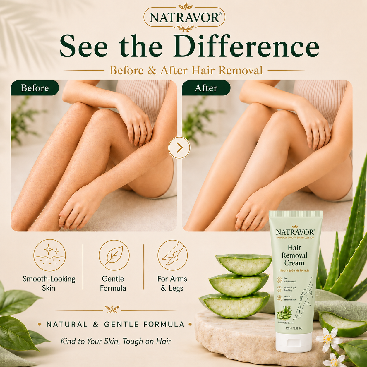 NATRAVOR® Natural Gentle Hair Removal Cream | For Women & Men, Sensitive Skin
