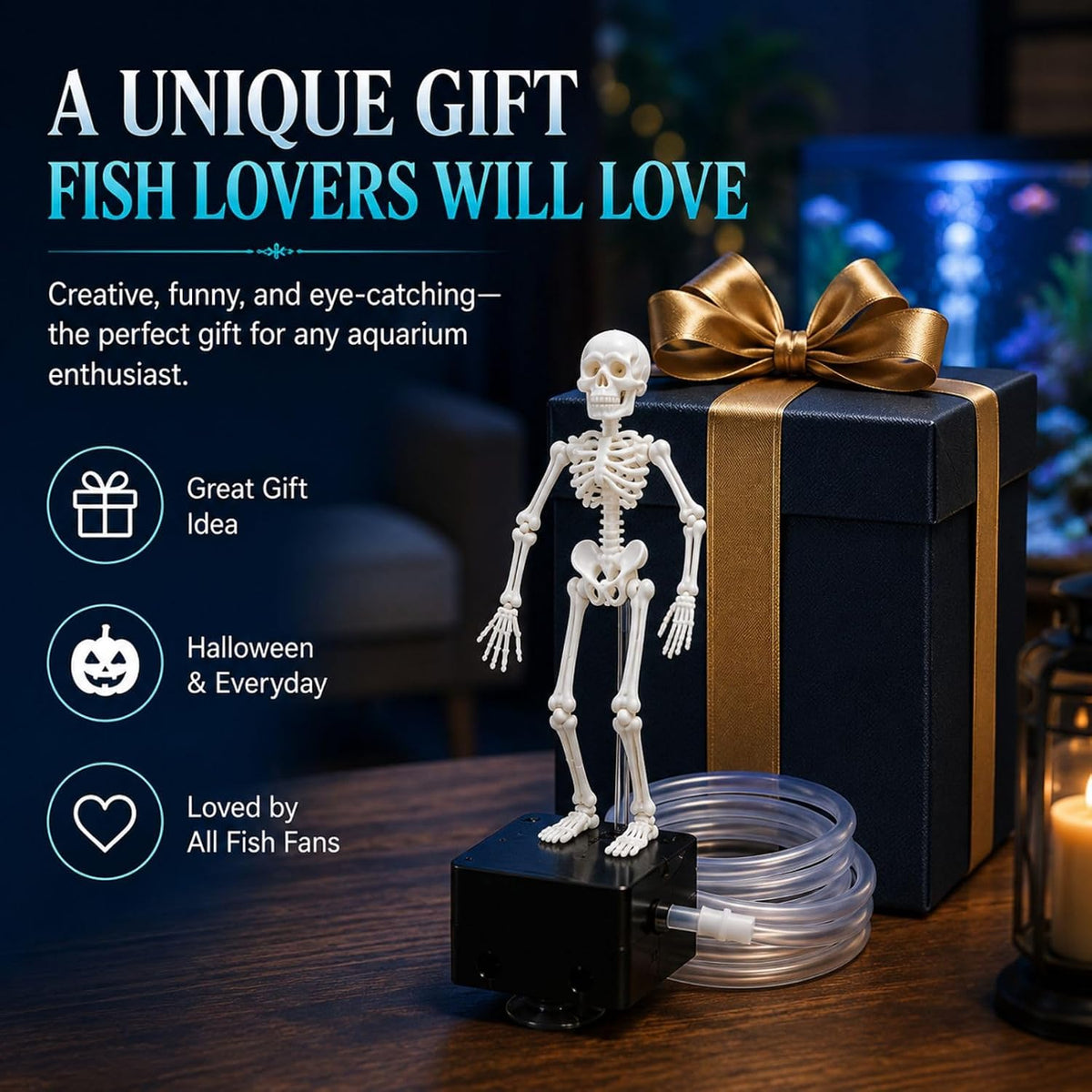 Dancing Skeleton Aquarium Ornament, Air-Powered Moving Fish Tank Decor with Suction Base