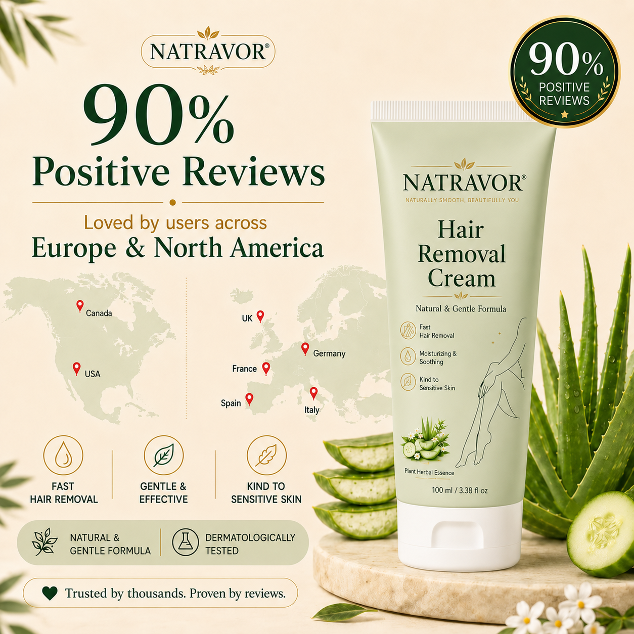 NATRAVOR® Natural Gentle Hair Removal Cream | For Women & Men, Sensitive Skin