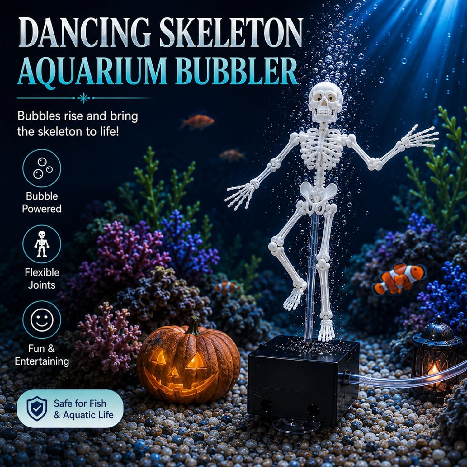 Dancing skeleton aquarium bubbler moving underwater