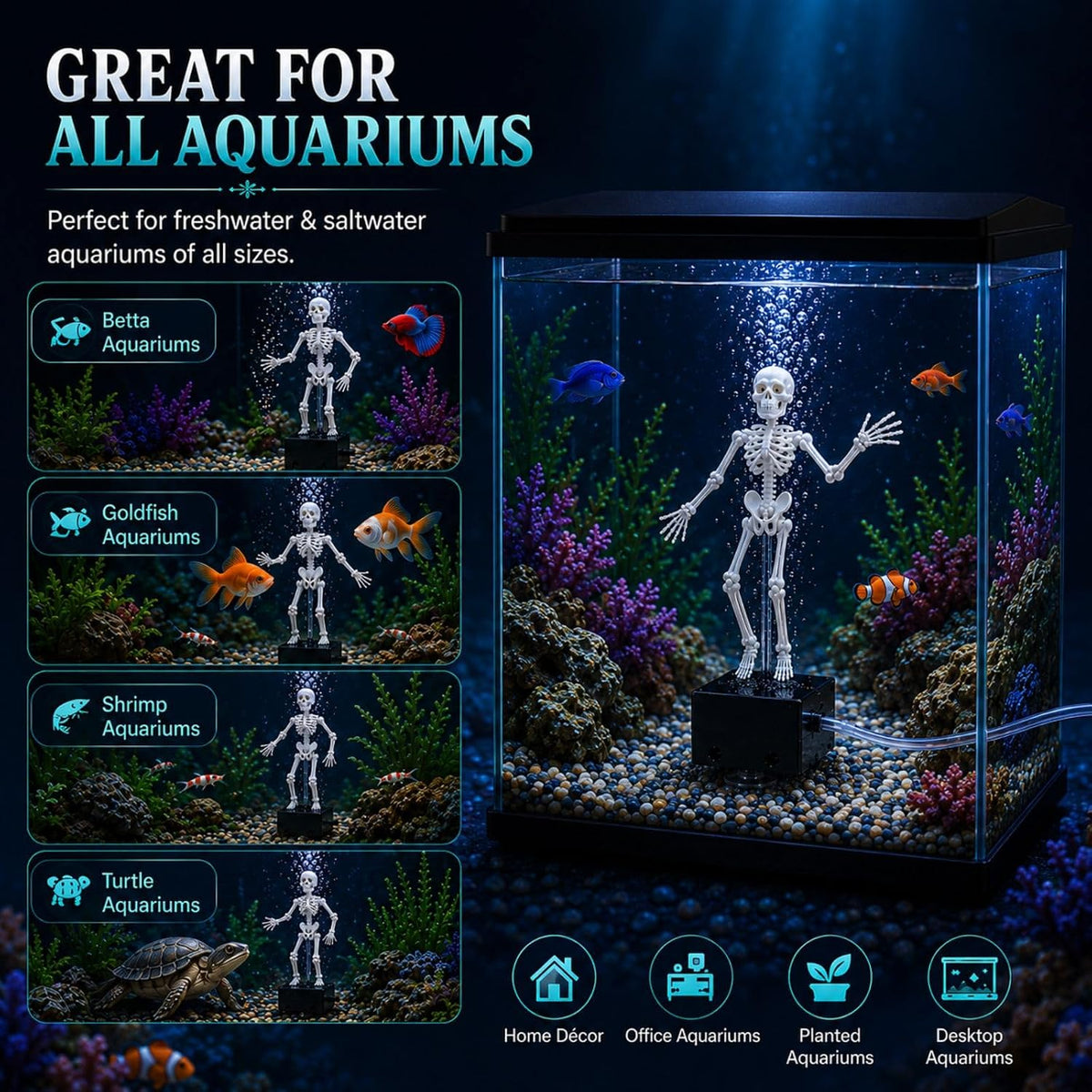 Dancing Skeleton Aquarium Ornament, Air-Powered Moving Fish Tank Decor with Suction Base