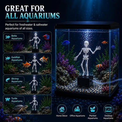 Dancing Skeleton Aquarium Ornament, Air-Powered Moving Fish Tank Decor with Suction Base