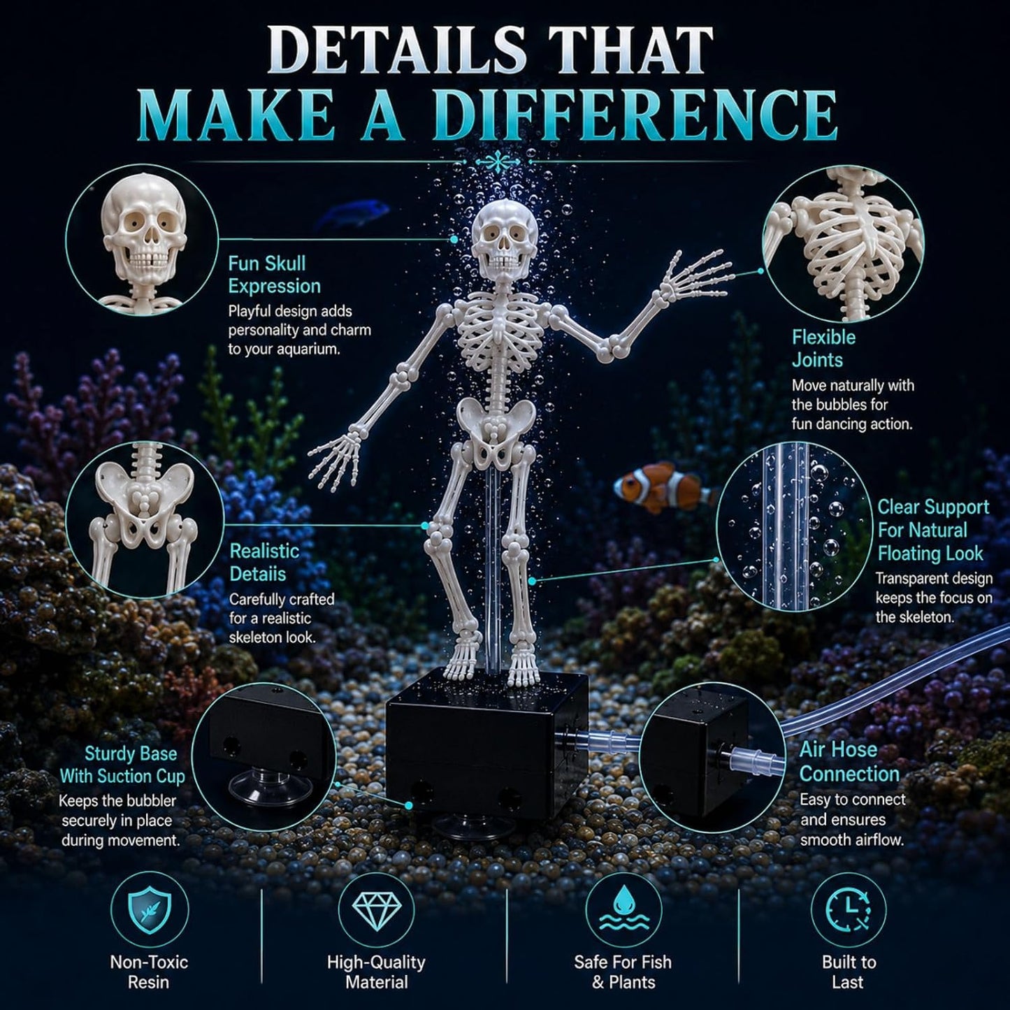 Dancing Skeleton Aquarium Ornament, Air-Powered Moving Fish Tank Decor with Suction Base