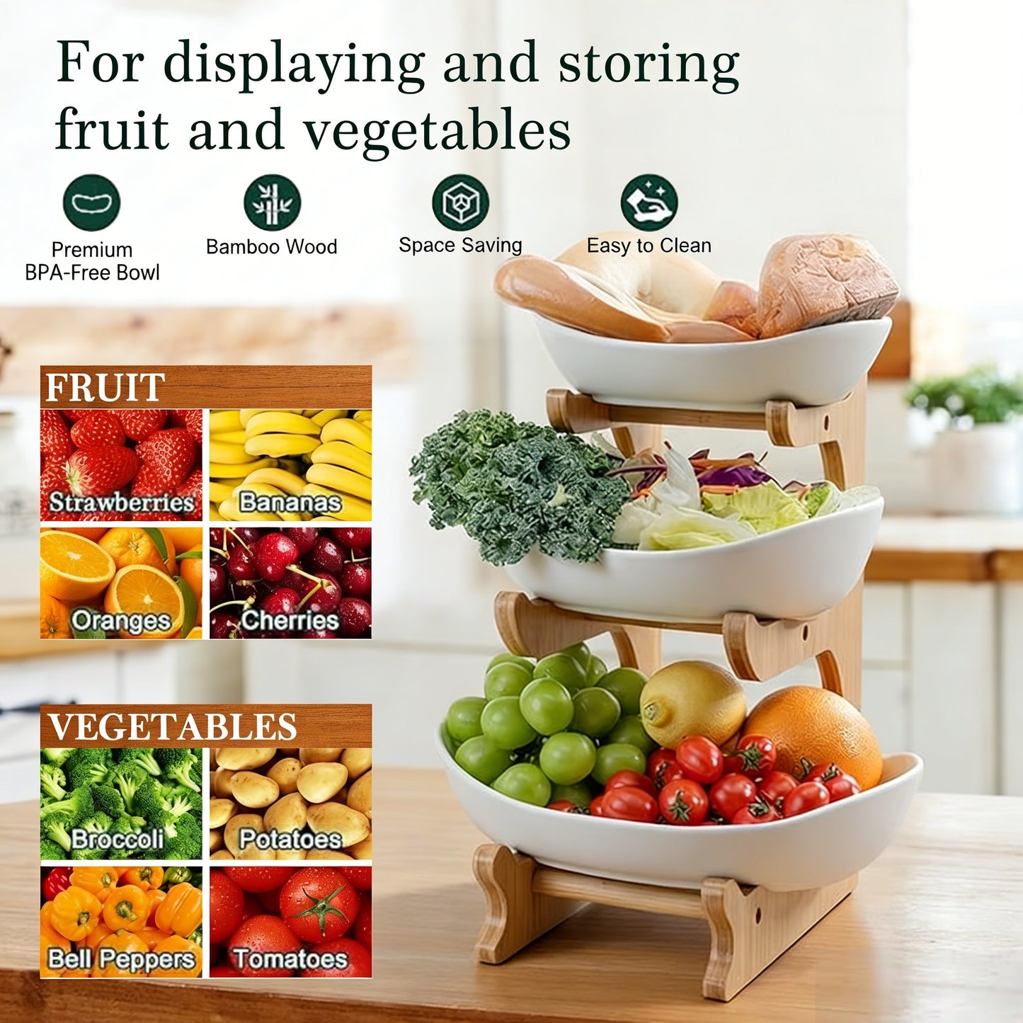 🍓2-Tier / 3-Tier Fruit Basket with Stand – Space-Saving Countertop Organizer