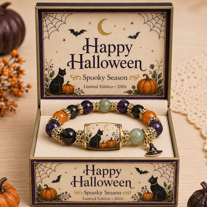 Limited Edition 2026 Halloween Black Cat Pumpkin Beaded Bracelet Gift Set, Stretch Halloween Bracelet with Witch Hat Charm, Spooky Season Jewelry for Women, Fall Autumn Jewelry Gift