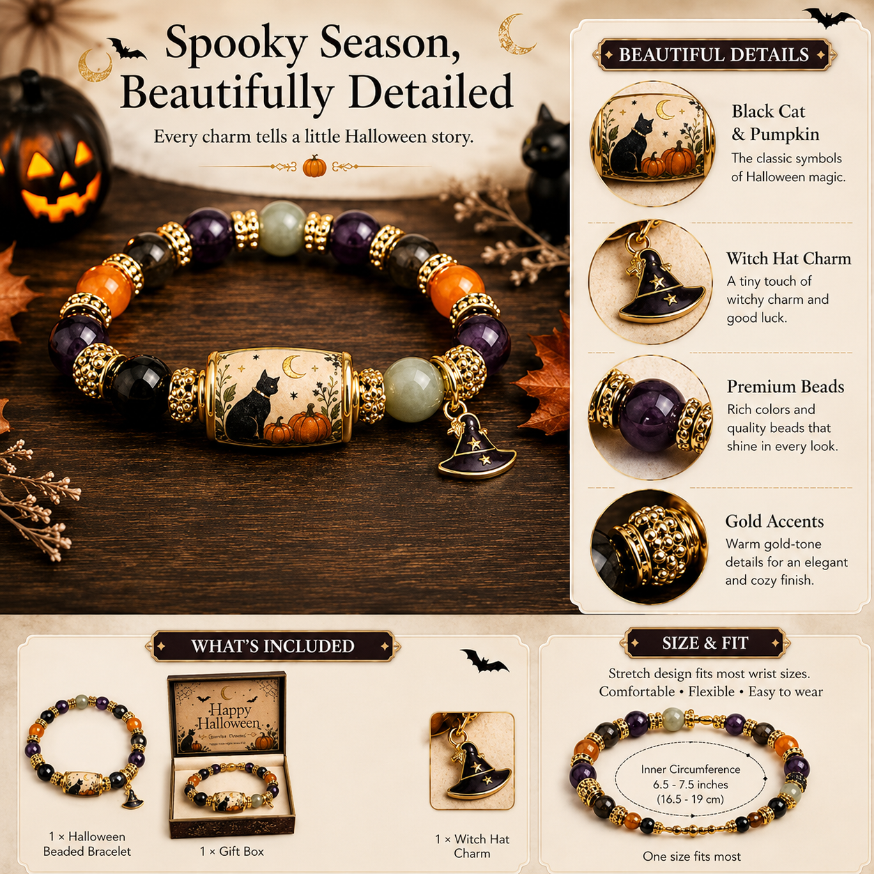 Limited Edition 2026 Halloween Black Cat Pumpkin Beaded Bracelet Gift Set, Stretch Halloween Bracelet with Witch Hat Charm, Spooky Season Jewelry for Women, Fall Autumn Jewelry Gift