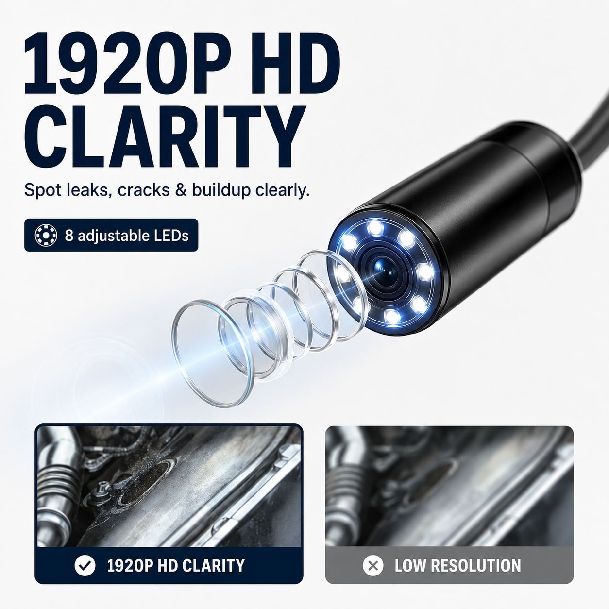 Professional Automotive Inspection Borescope – 1920P HD, 8 LEDs, 16.4FT Semi-Rigid Cable