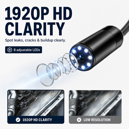 Professional Automotive Inspection Borescope – 1920P HD, 8 LEDs, 16.4FT Semi-Rigid Cable