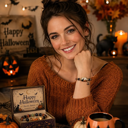 Limited Edition 2026 Halloween Black Cat Pumpkin Beaded Bracelet Gift Set, Stretch Halloween Bracelet with Witch Hat Charm, Spooky Season Jewelry for Women, Fall Autumn Jewelry Gift