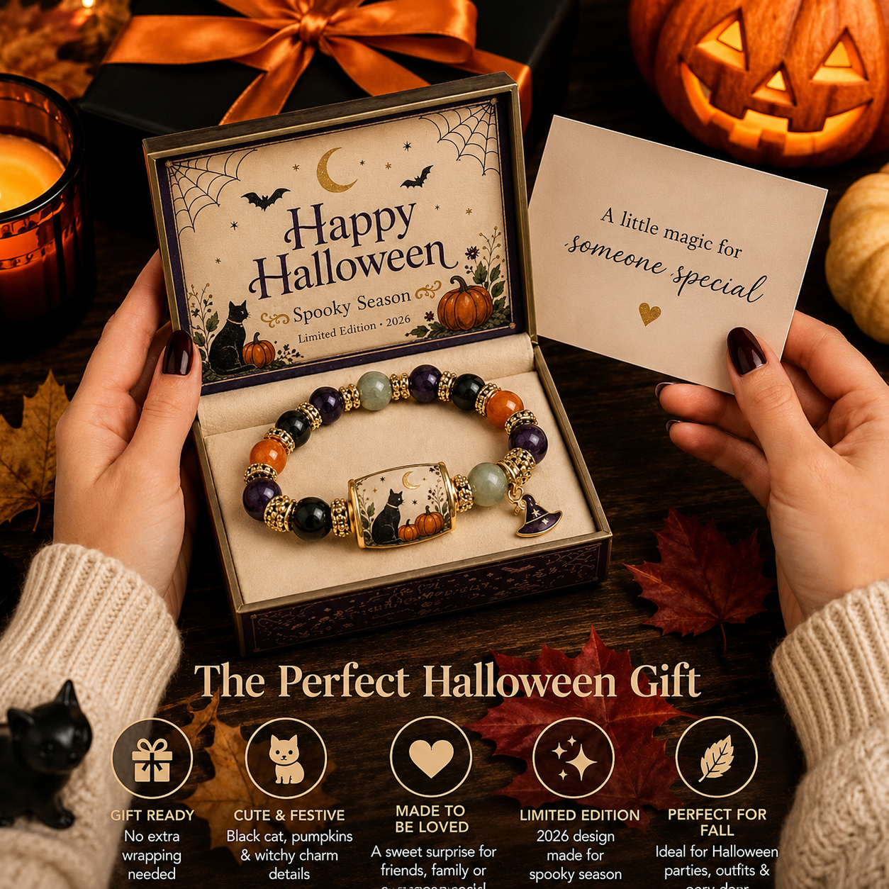 Limited Edition 2026 Halloween Black Cat Pumpkin Beaded Bracelet Gift Set, Stretch Halloween Bracelet with Witch Hat Charm, Spooky Season Jewelry for Women, Fall Autumn Jewelry Gift