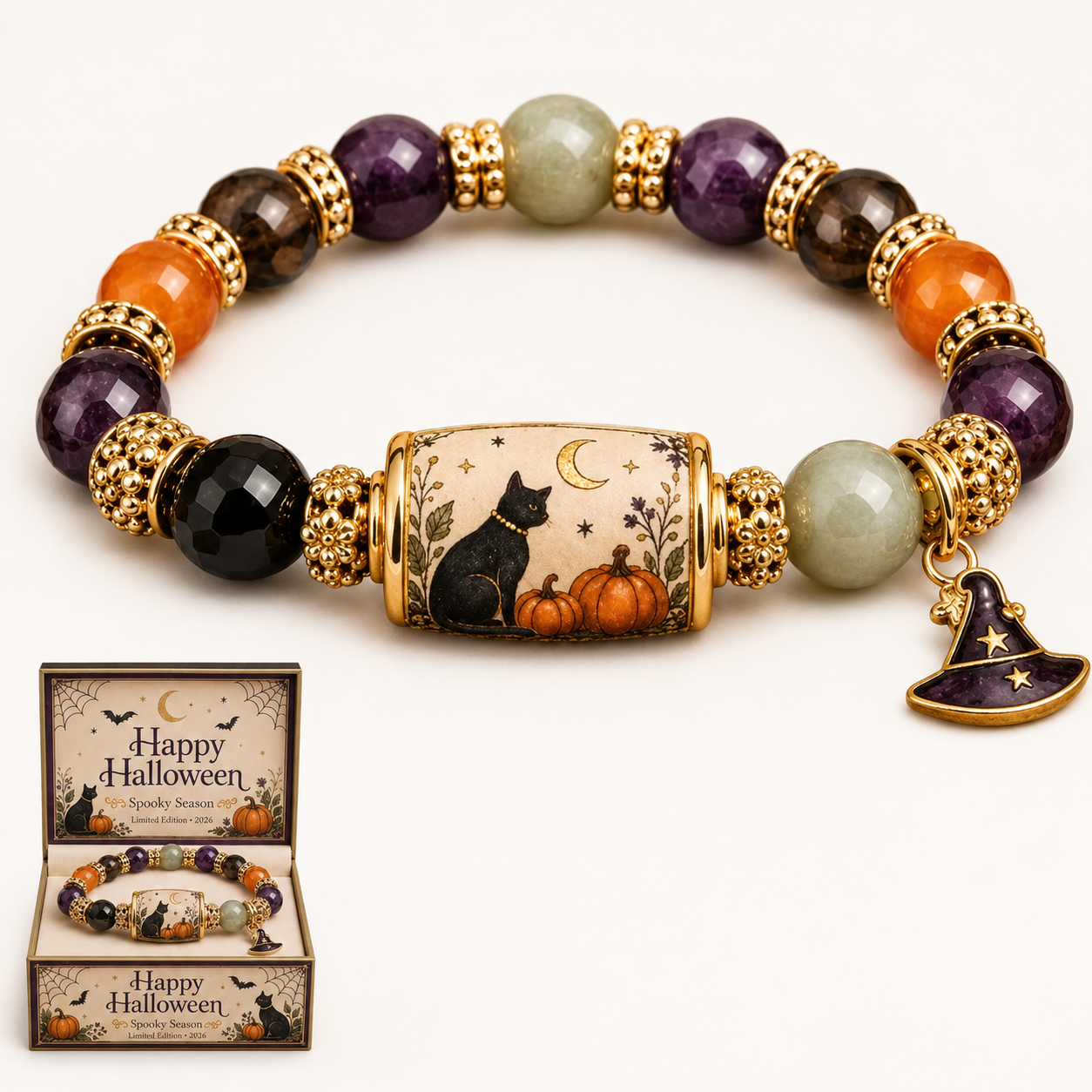 Limited Edition 2026 Halloween Black Cat Pumpkin Beaded Bracelet Gift Set, Stretch Halloween Bracelet with Witch Hat Charm, Spooky Season Jewelry for Women, Fall Autumn Jewelry Gift
