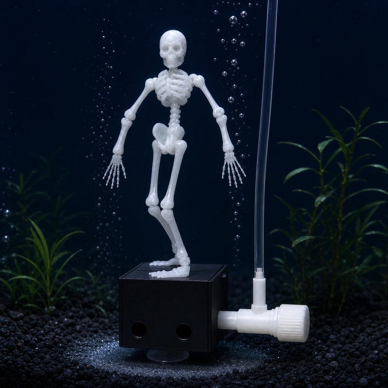 Dancing Skeleton Aquarium Ornament, Air-Powered Moving Fish Tank Decor with Suction Base