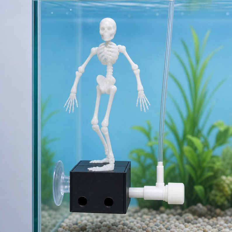 Skeleton aquarium ornament positioned underwater