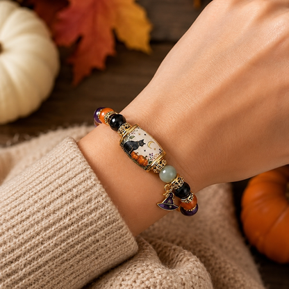 Limited Edition 2026 Halloween Black Cat Pumpkin Beaded Bracelet Gift Set, Stretch Halloween Bracelet with Witch Hat Charm, Spooky Season Jewelry for Women, Fall Autumn Jewelry Gift